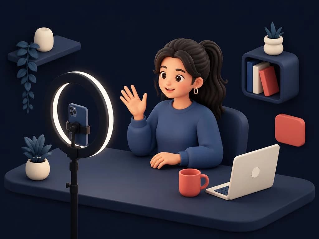 Illustration of a creator filming a video at their desk with a ring light and a phone on a tripod.