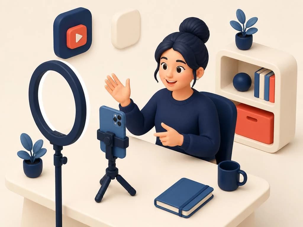 Illustration of a creator filming a video at their desk with a ring light and a phone on a tripod.