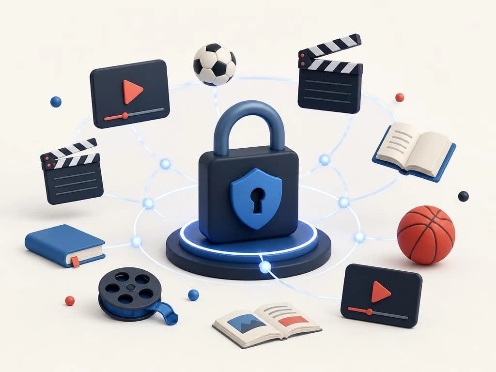 Illustration of a padlock and shield on a lit podium, ringed by video players, clapperboards, a film reel, books and sports balls connected by a network.